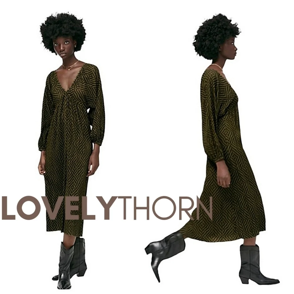 ZARA // silky pleated olive black geo print plunge balloon sleeve midi dress